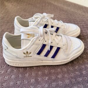 adidas White Leather Sneakers with Purple Stripes and Gold Logo
